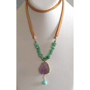 Raw Amethyst Jadeite Chalcedony Pearl On Leather Cord Necklace